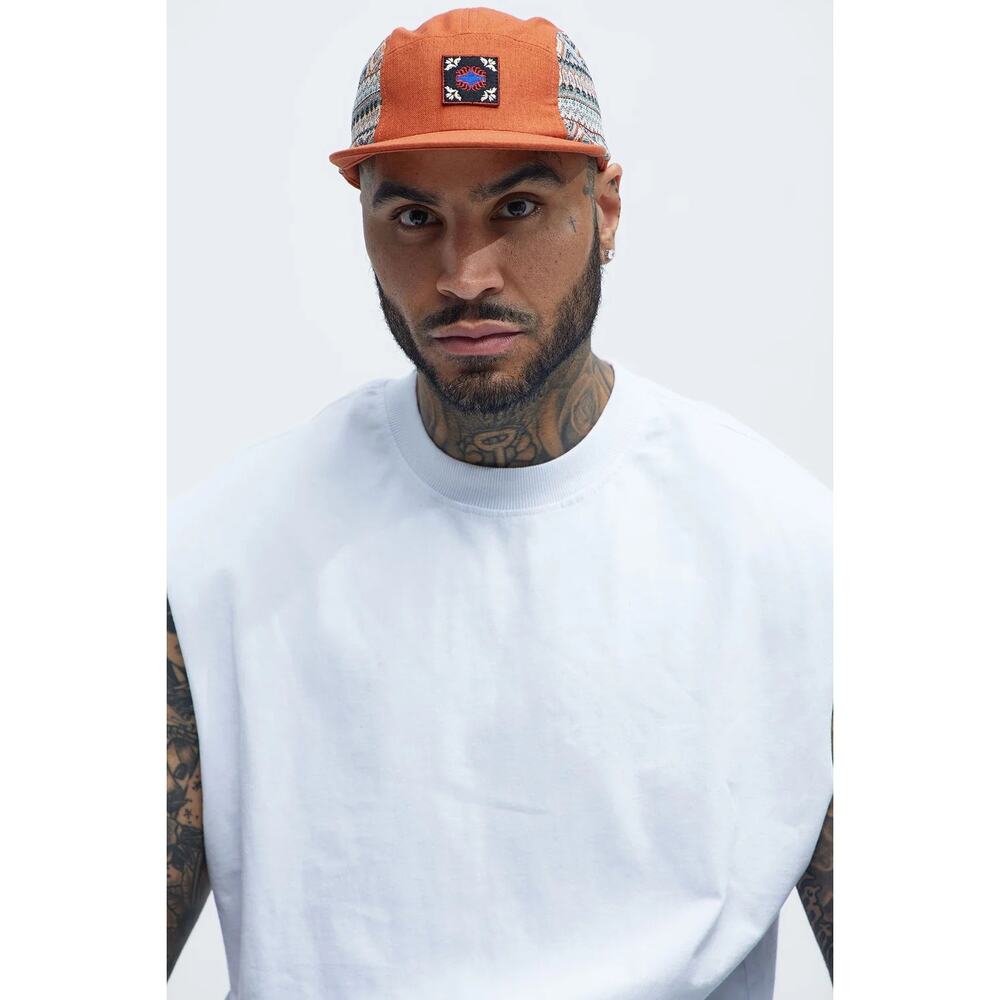Orange Patterned 5-Panel Camper Cap with Embroidered Patch - Picture 4 of 4